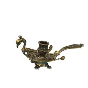Vintage Brass Peacock Candlestick Holder Chamberstick Made In Italy MCM
